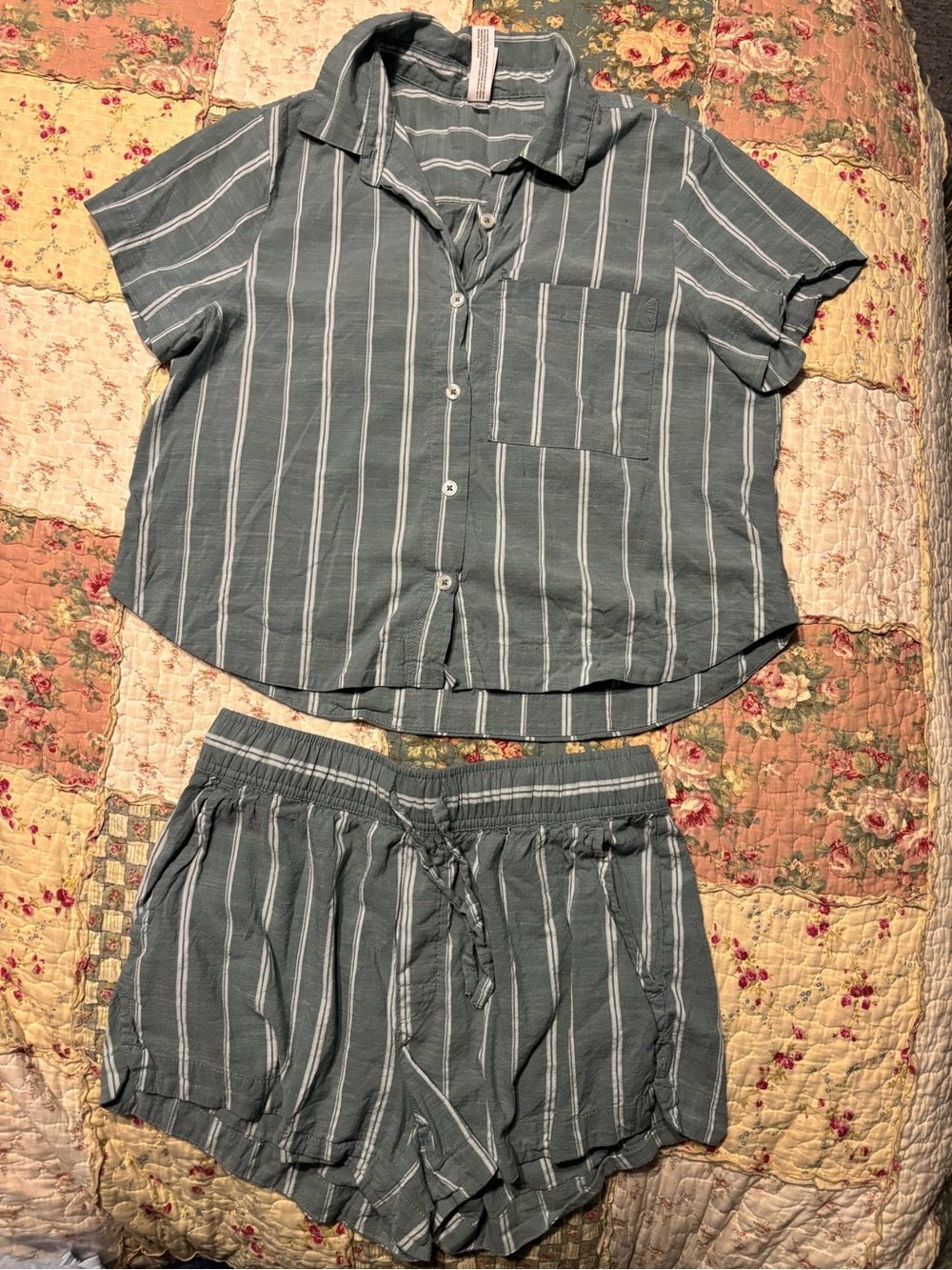 Striped Short Sleeve Pajama Set - Slate Green XS